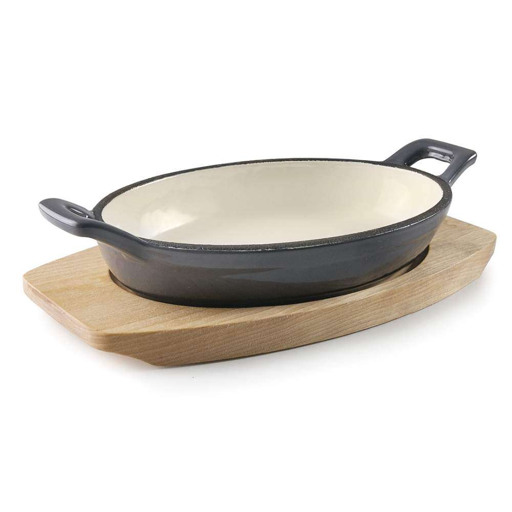 Сковорода порционная серая 17,5х12,5 см на деревянной подставке Lacor 25842