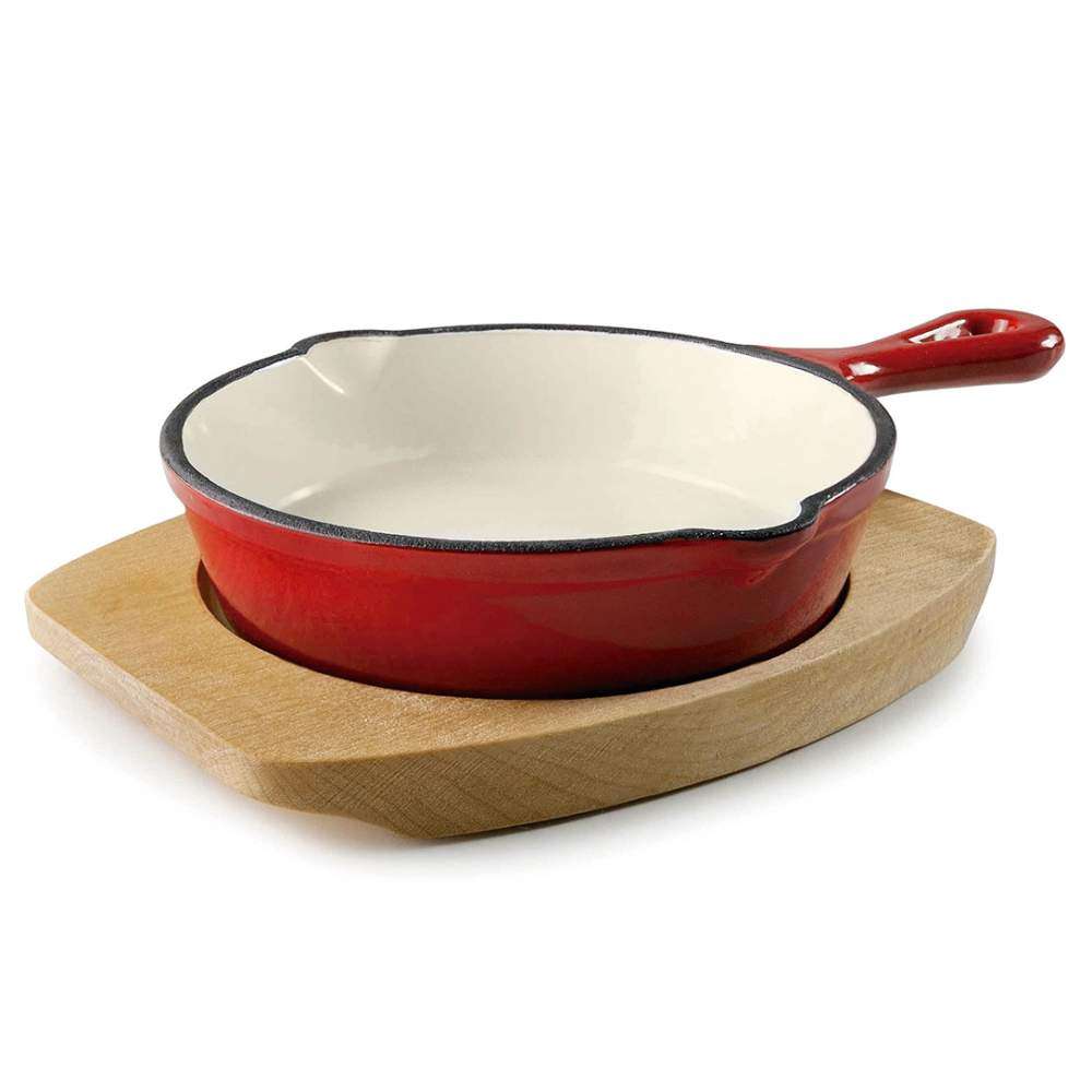 Сковорода порційна червона d-13,5 см на дерев’яній підставці Lacor - 25853