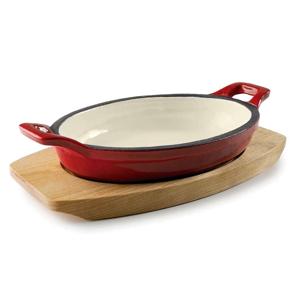Сковорода порционная красная 17,5х12,5 см на деревянной подставке Lacor 25852